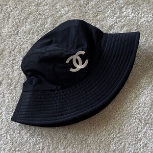 CHANEL Black and White Logo Bucket Hat